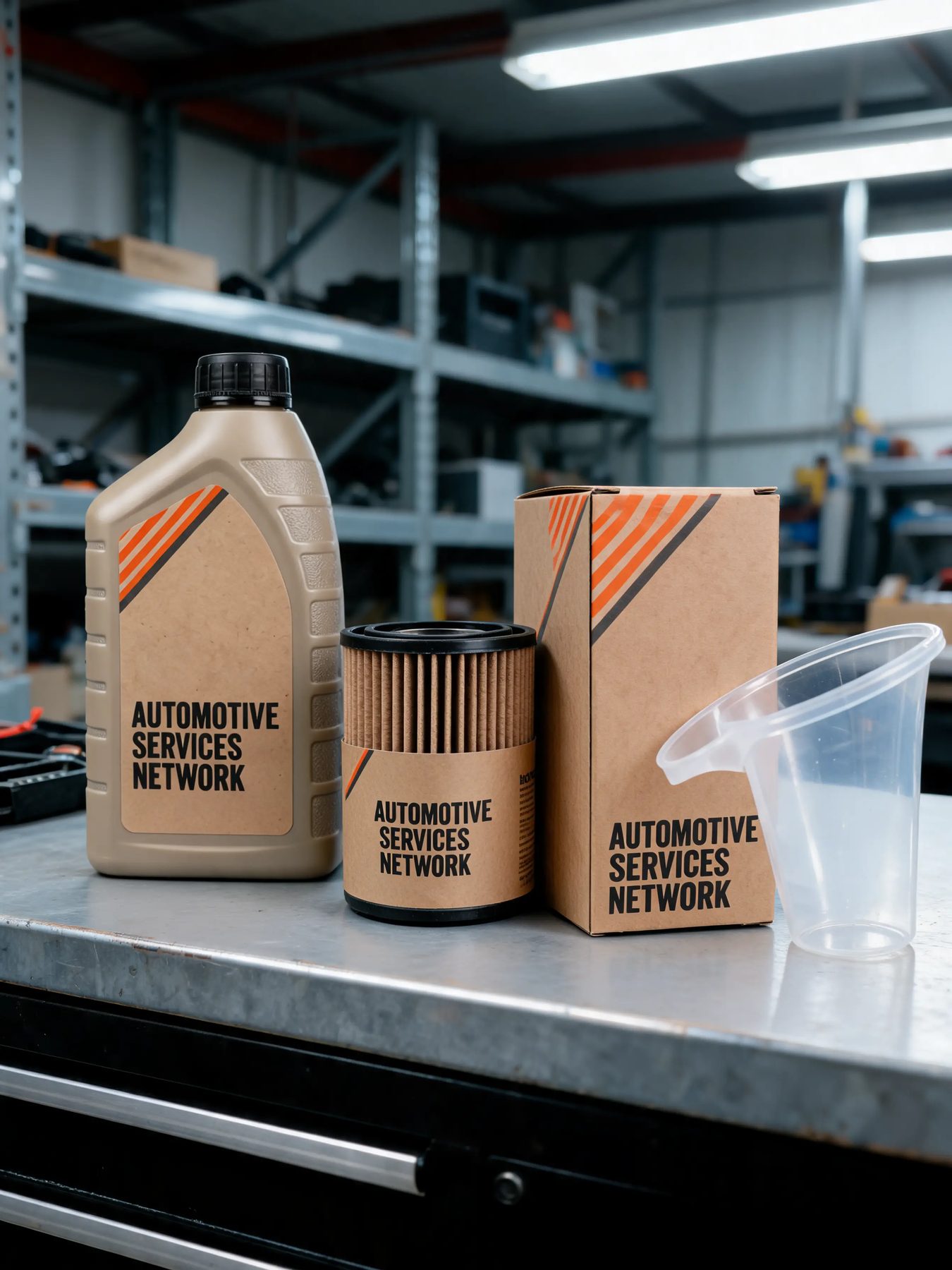 auto service counter with an oil filter, a bottle of brake fluid, a boxed wiper blade and a funnel, cool workshop light, no car brand logos