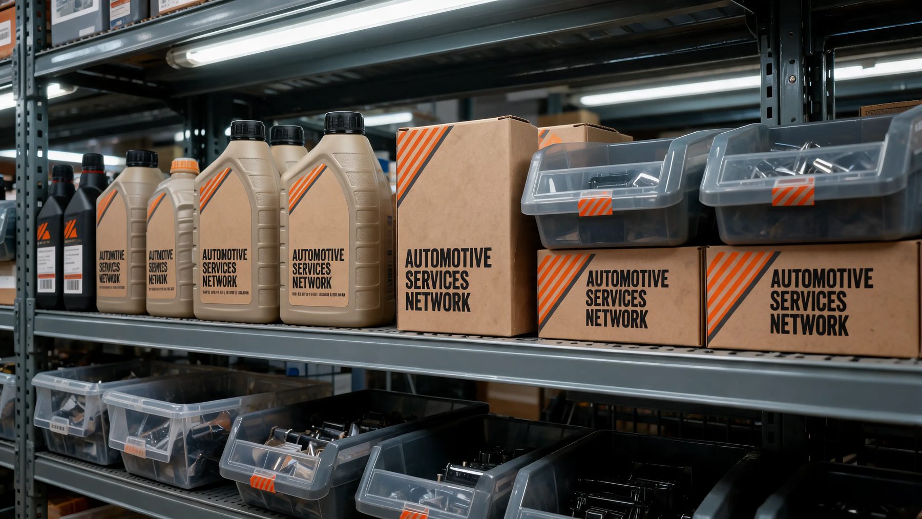 parts-counter shelf with labeled bins of filters and fluid bottles, fluorescent shop light